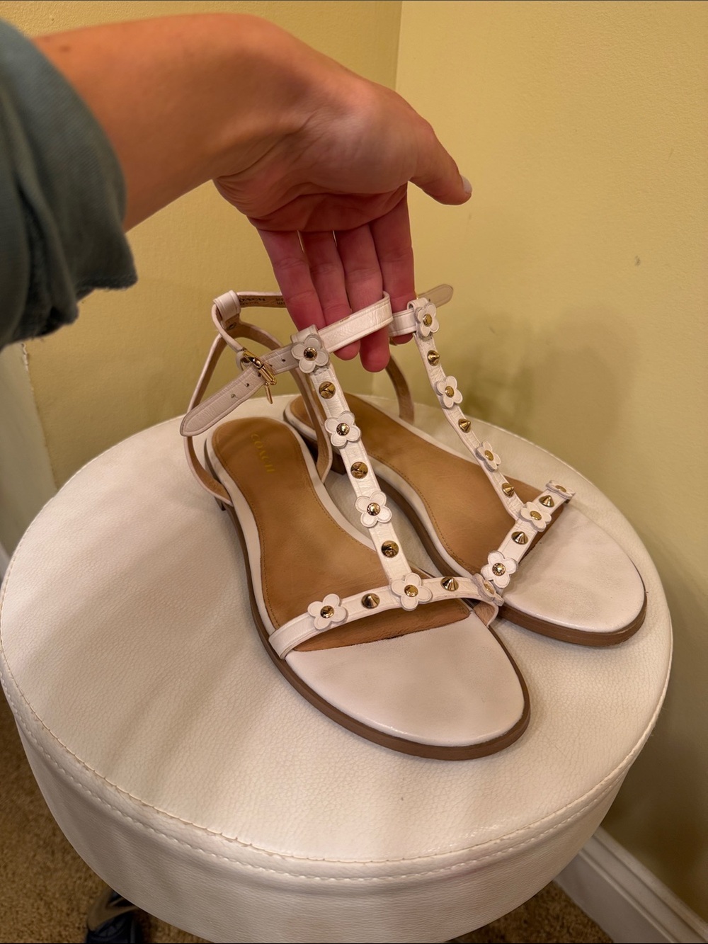 Coach White Floral T-Strap Sandals with Gold Studs